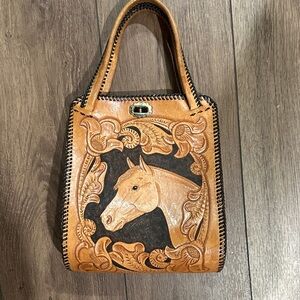 Elegant Tan Leather Tote with Horse Design
